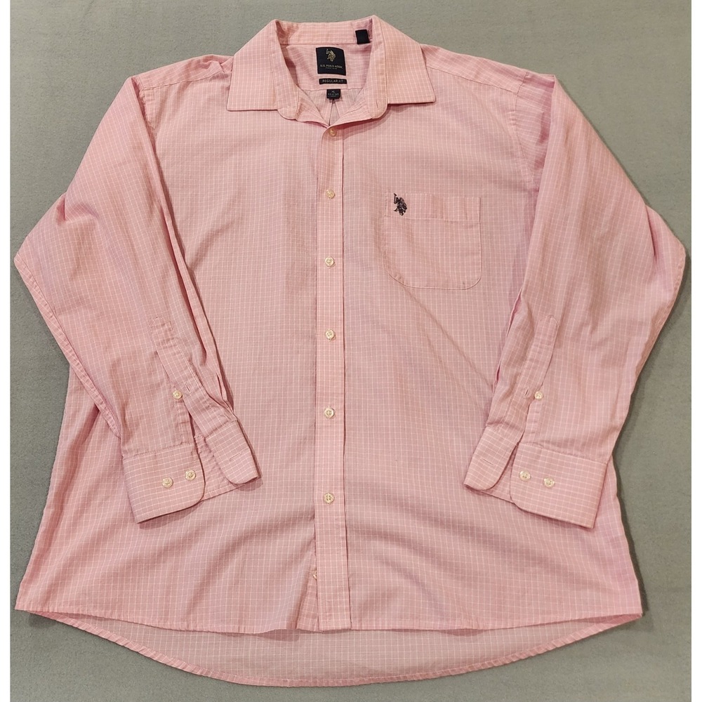 U.S. Polo Assn Pink Check Dress Shirt Mens XL Regular Fit Button Front‎ Logo